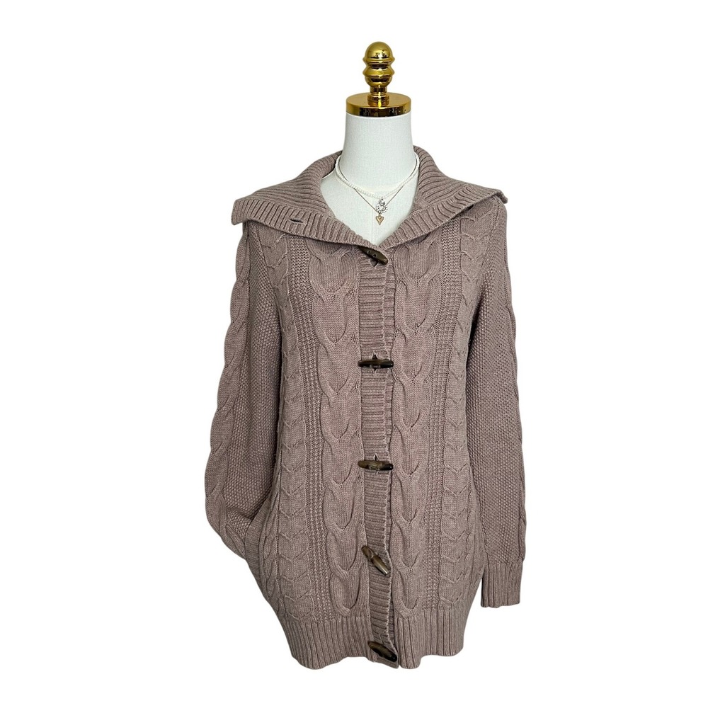 LL Bean Womens Medium Petite Pink Cable Knit Toggle Cardigan Sweater 298278‎